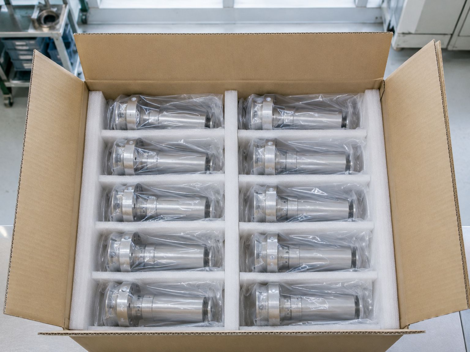 緩衝材で包んで箱に並べた、出荷前の金属部品