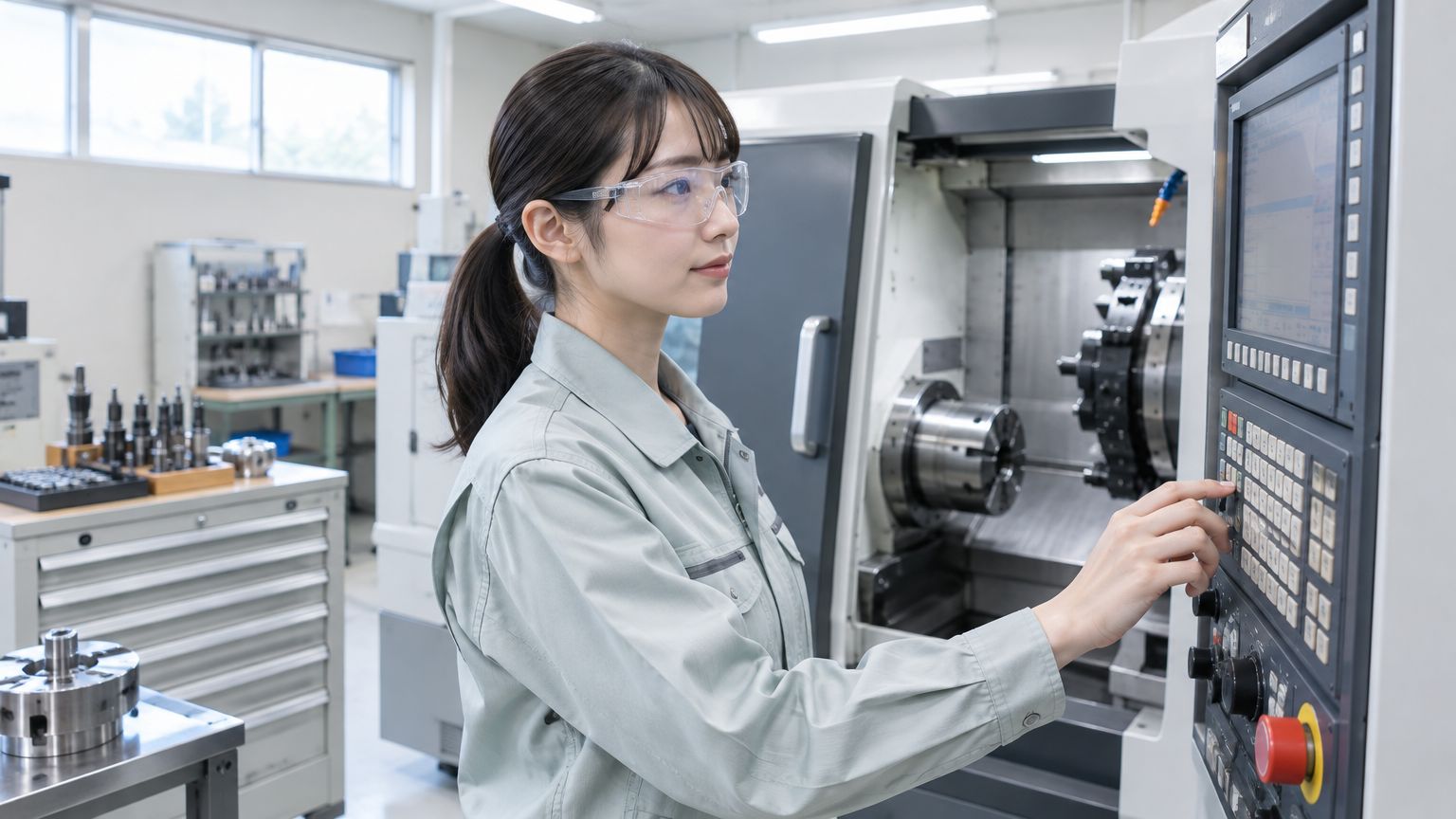 作業着の社員が、NC旋盤の操作盤で加工の条件を確かめている様子