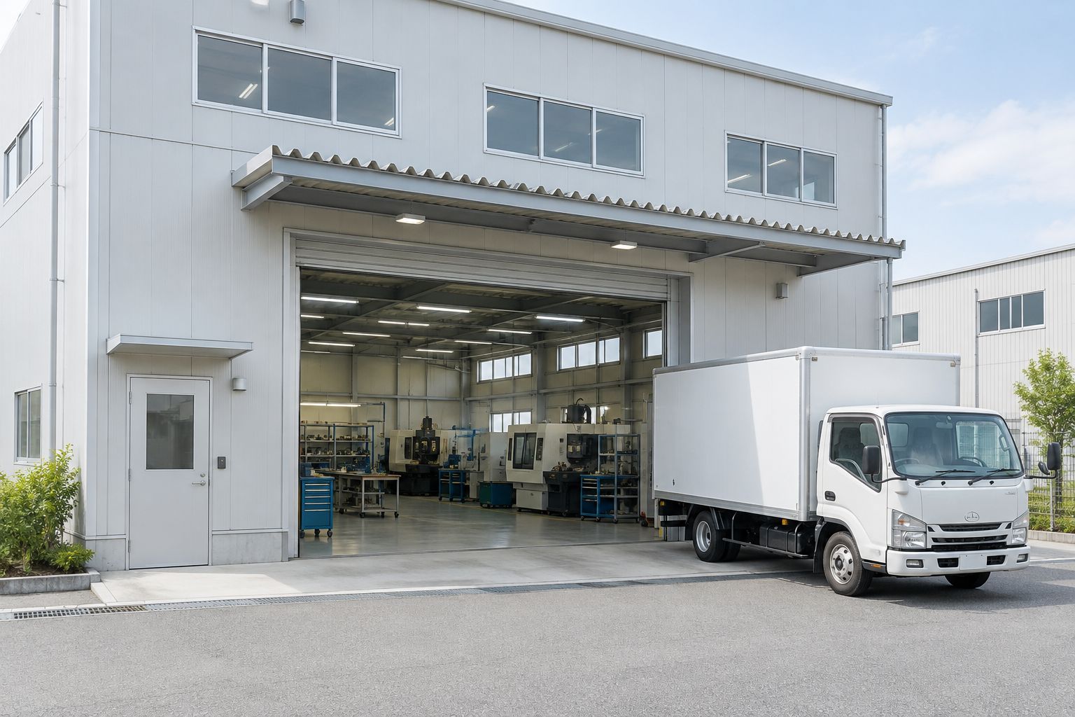 工場の建物と、前の道に止まった配送用のトラック