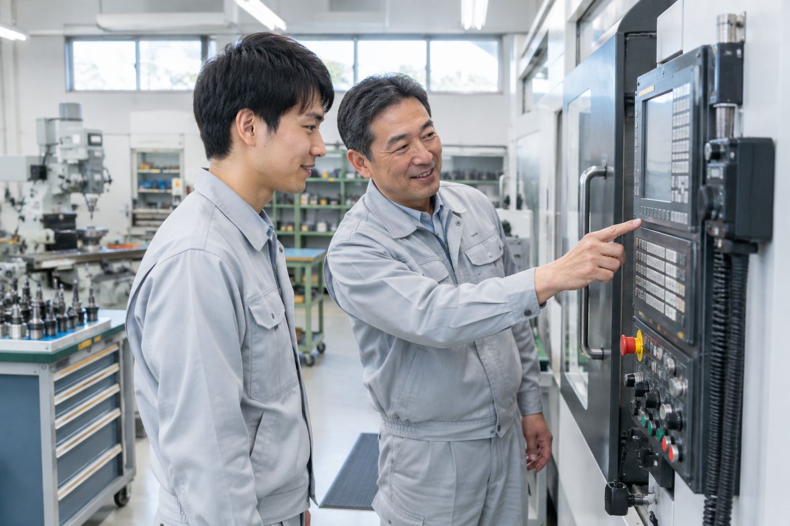 先輩の社員が、後輩にマシニングセンタの操作盤の使い方を教えている様子