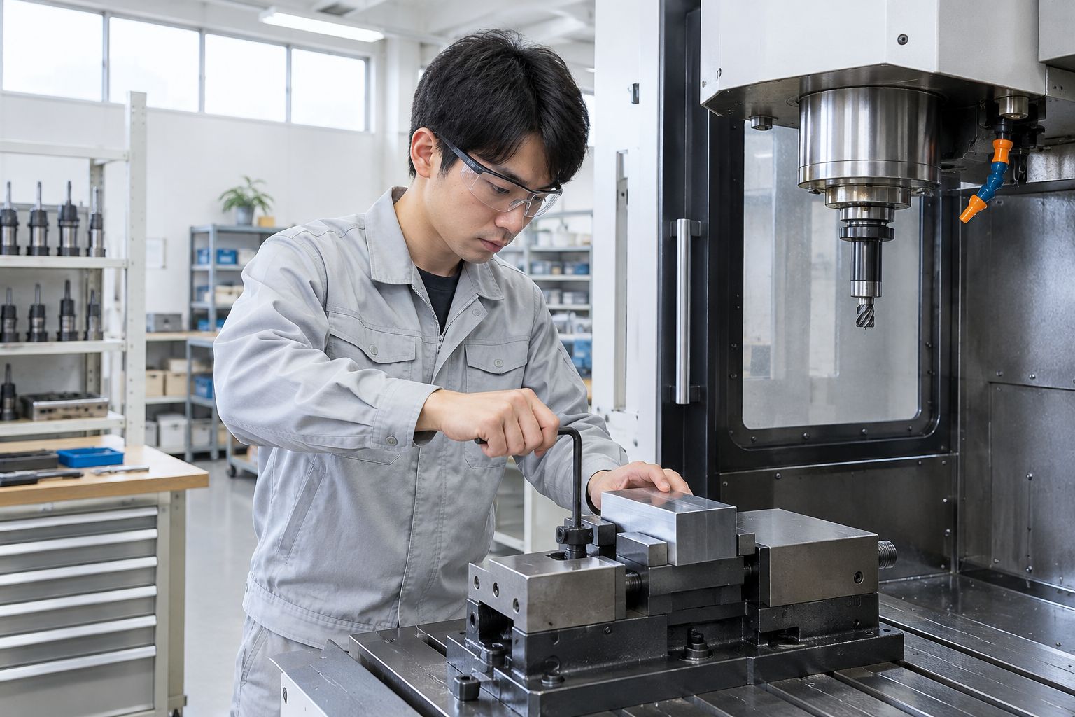 作業着の社員が、マシニングセンタに材料を取り付けて段取りをしている様子