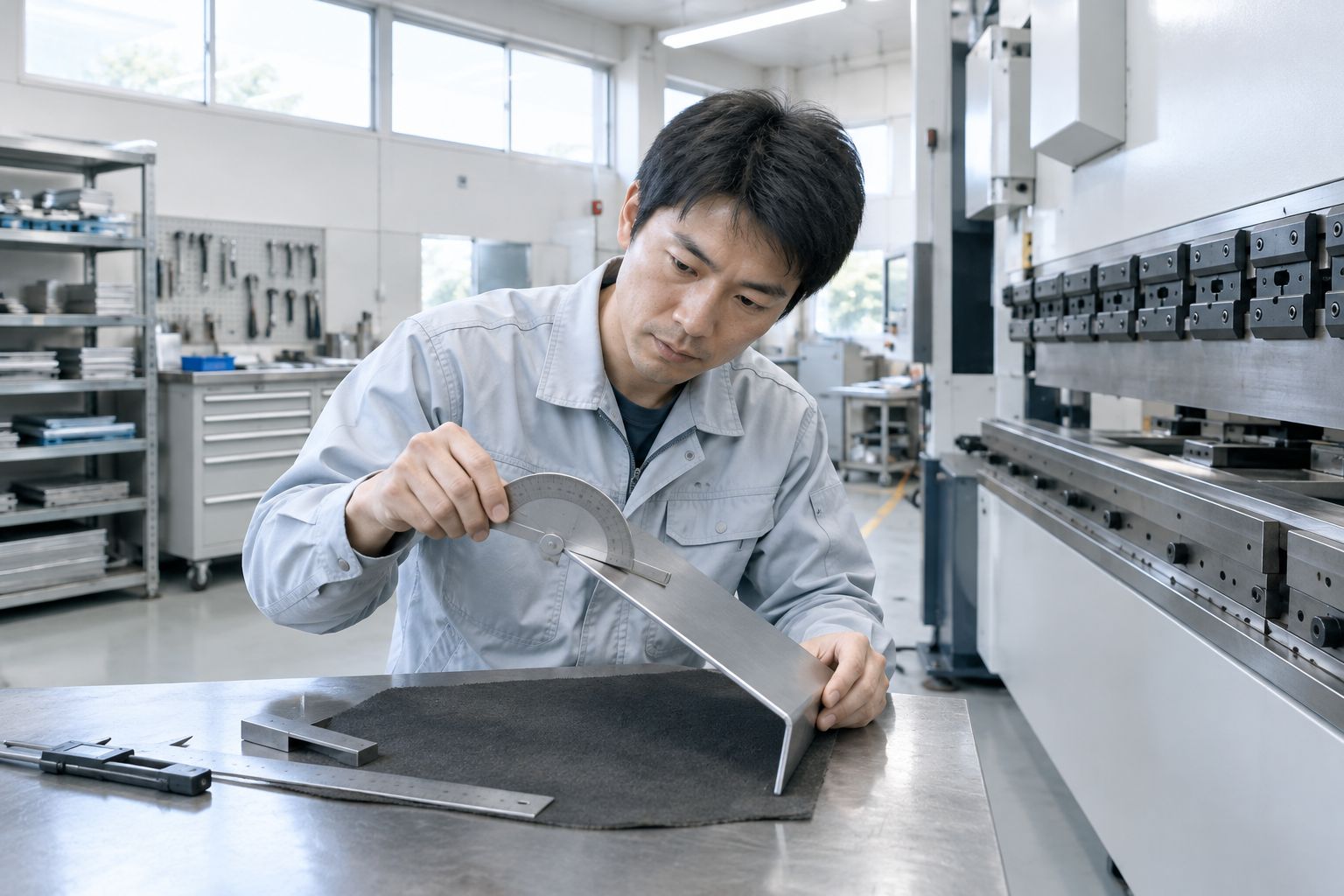 作業着の社員が、曲げた金属板の角度を分度器で測っている様子