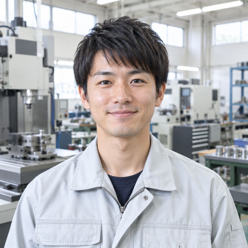 作業着の若手社員の顔写真（架空の人物）